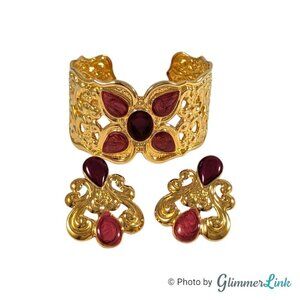 VTG 90s Avon Artful Expressions Red Enamel Cuff Bracelet & Clip On Earrings